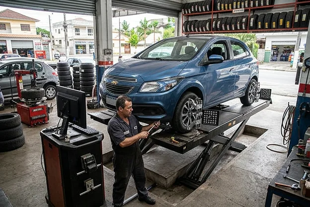Carro sendo alinhado com equipamento especial em uma borracharia.