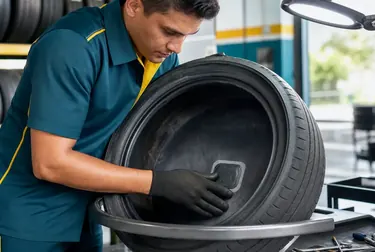 Profissional consertando um pneu em uma borracharia.
