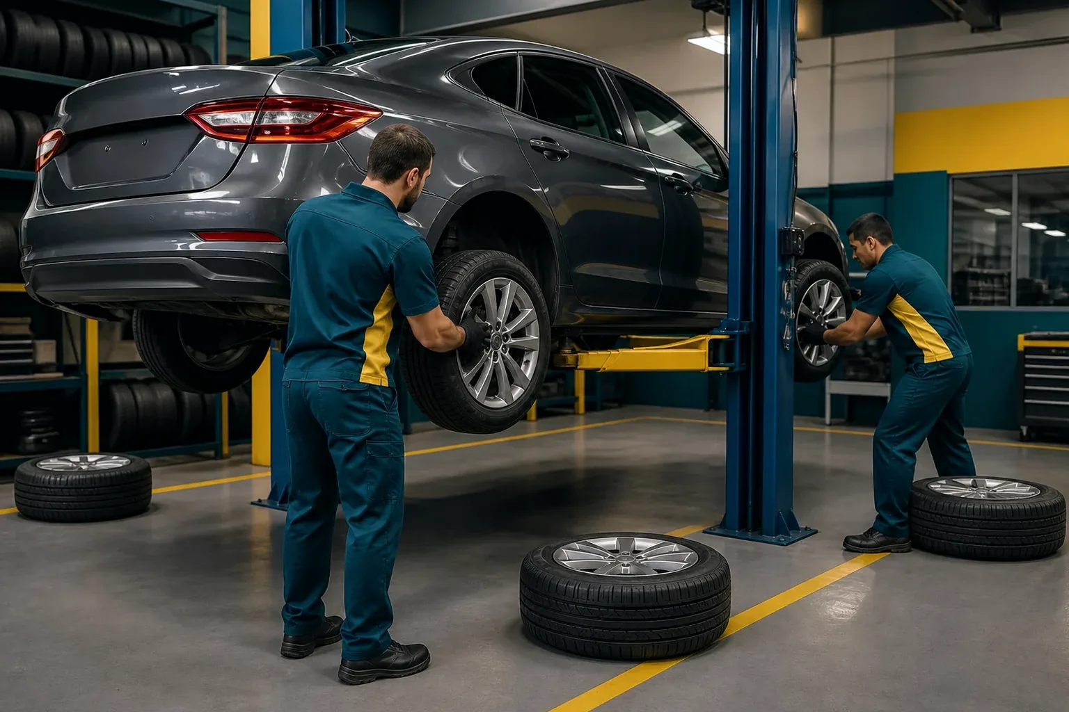 Técnico fazendo rodízio de pneus em um carro.