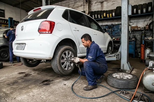 Técnico fazendo rodízio de pneus em um veículo na borracharia.
