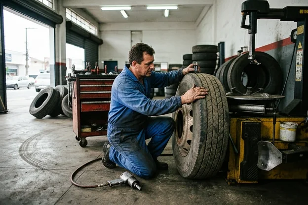 Técnico inspecionando pneus em uma borracharia.