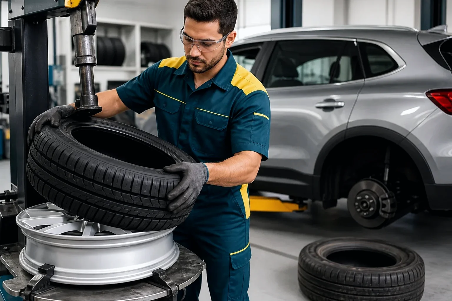 Técnico realizando a troca de pneus na borracharia.